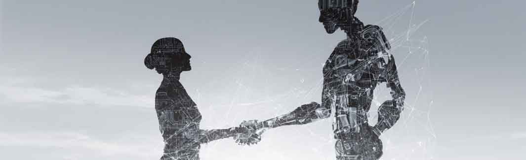 Mensch und AI-Roboter reichen sich die Hand
