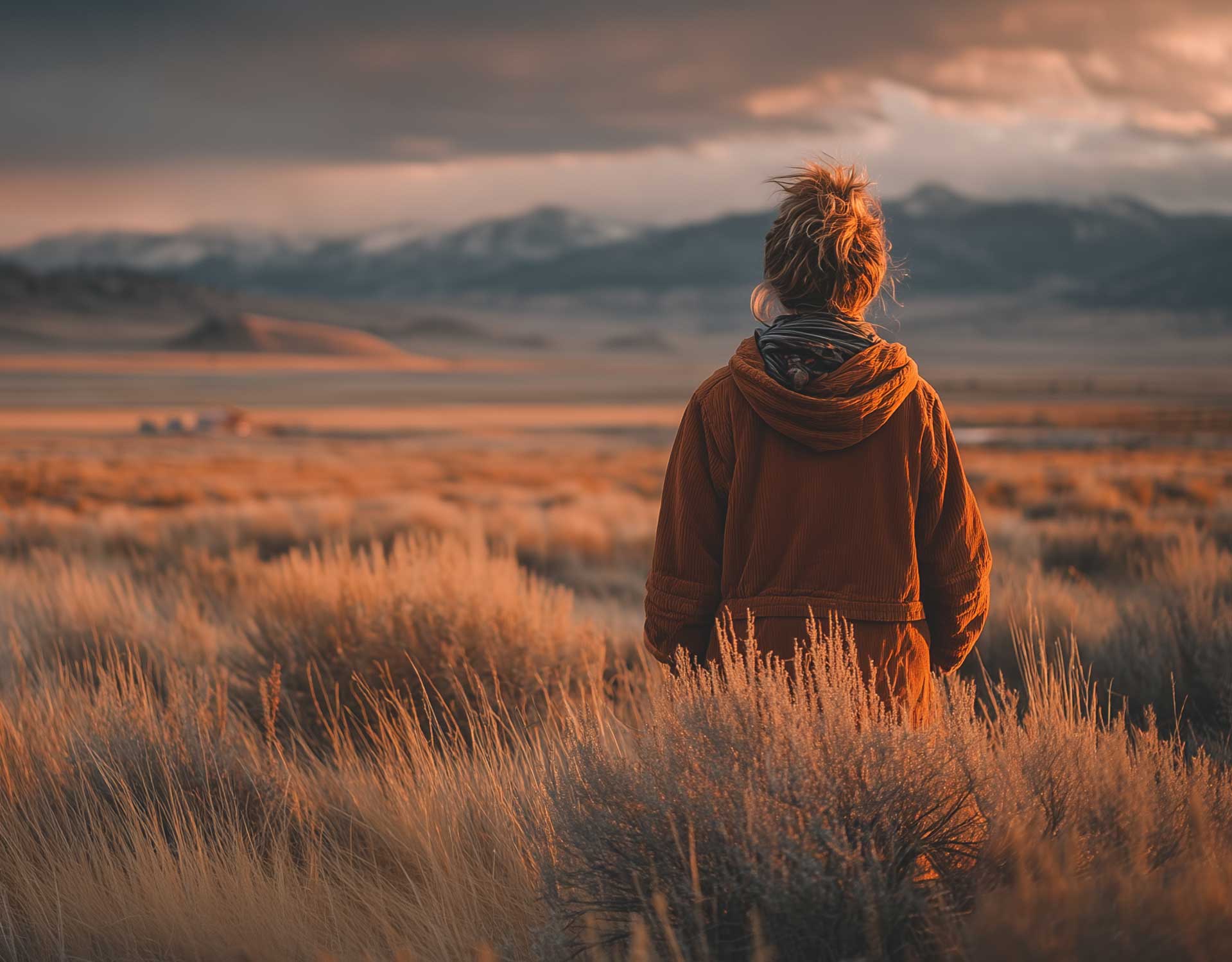 Erwachsener Mensch blickt nachdenklich in eine offene Landschaft