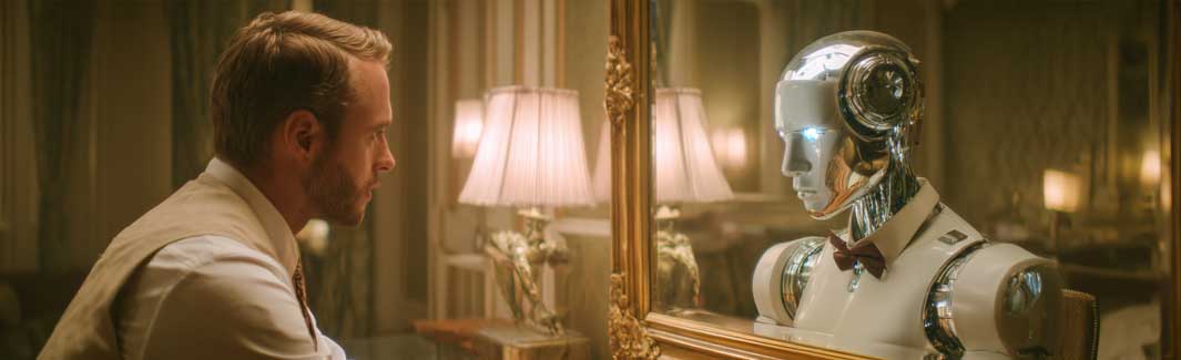 Ein Mensch sieht sich selbst im Spiegel als AI