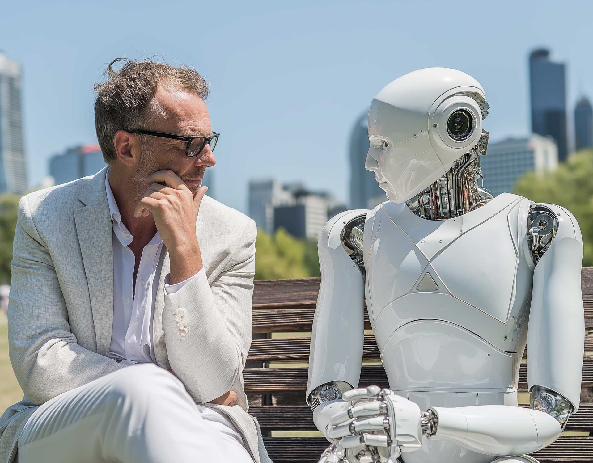 Mensch und AI-Roboter unterhalten sich auf einer Bank im Park