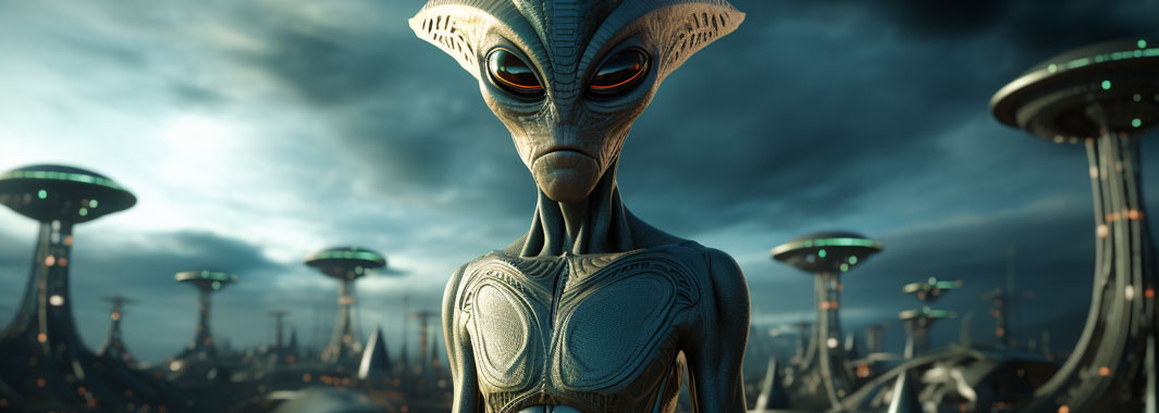 Alien blickt herablassend auf die Menschheit
