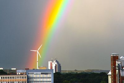 Kaffee Hag, Windrad mit Regenbogen und Hochhaus in Bremen
